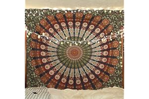 Bless International Indischer Hippie Bohemian Psychedelic Peacock Mandala Wandbehang Bettwäsche Tapisserie (Golden Green, King (223x264Inches)(225x265Cms))