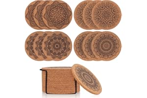 TOOINKCV 12 Pezzi Sottobicchieri di Sughero Round, 4 Pollici Tazza di Stuoia Riutilizzabile, Retro Sottobicchiere in Sughero di Vetro Mandala in Legno per Cucina Bar, con Supporto in Metallo