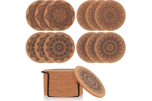 TOOINKCV 12 Stycken Korkunderlägg, 10 cm Glas Underlägg, Återanvändbara Absorberande Kopp Underlägg för Kaffe Bar Kök, Trä Mandala (Korkfärg)