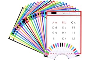 20 Pack Dry Erase Pockets, Opret Fundas Fichas de Papel de Gran Tamaño 25.5x33 cm / A4 con Bolígrafos, 10 Colores Diferentes, para la Organización en el Aula y Colegio, Guardería, Ludoteca