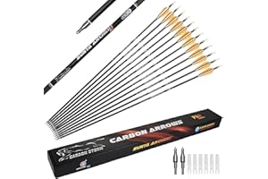 Sunya Flechas de Caza Arco Compuesto y Arco recurvado. Eje de Carbono de 30 Pulgadas, Espina 400/500 con Puntas Removibles. Paquete de 12 Unidades