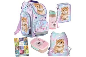 Goldkids - Schulranzen für Jungen und Mädchen, 6er-Set - Schul-Rucksack für Kinder mit Federmäppchen - Schuhbeutel und Hausaufgabenheft - Katze Motiv - 1-3 Klasse