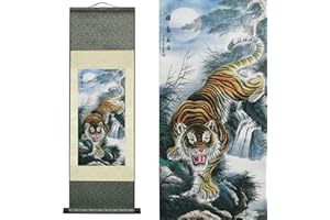Valart Rollbild aus Seide Asiatisch Wand Dekoration Seidenmalerei Tier - Abschreckung Tiger - Majestätischer Tiger Schön Chinesische Kunstwandrolle Hängende Bildrolle Orientalisches Dekor(92 x 30 cm)
