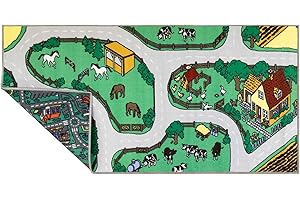 ‎PRIMAFLOR - IDEEN IN TEXTIL Primaflor Spielteppich mit City Farm-Design - Spielteppich für Kinder 100 x 200 cm - pflegeleichter Kinderteppich mit Straßen