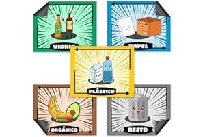 RECYTIP Imanes Adhesivos de Reciclaje con Dibujos Kawaii de Colores - Set de 5 Pegatinas magnéticas para Cubos de Basura metálicos - Tamaño Grande y Español - Reciclar Vidrio, Plástico, Orgánico, Papel
