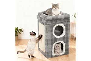 YOSAMY Foldable Cat House with Cube,3-Level Cat House for Indoor,Large Cat Cave Condo With Scratching Board & Cushions, Small Dog & Puppy Friendly (40 x 40 x 62 cm)