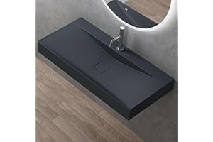 Sogood doporro Vasque à Poser 100cm avec Bonde Lavabo Suspendu Gris Noir Mat Colossum810 Fonte Minérale Solid Surface 100x48x12cm