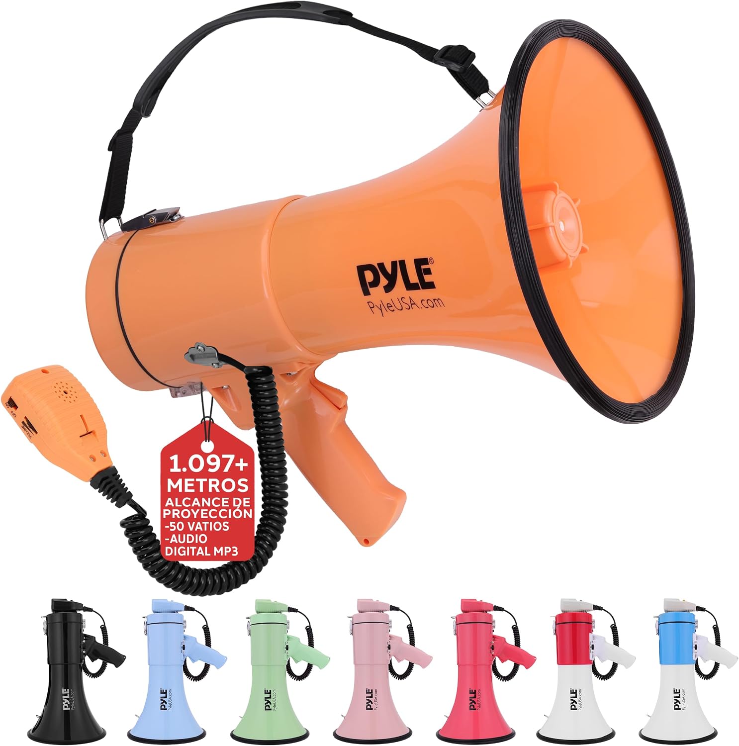 Pyle megafono, Altavoz, Portatil, 50V, Volumen Ajustable, Sirena, Correa para el Hombro, Entrada AUX, Compacto, Ideal para anuncios, Eventos, Deportes y mas