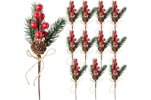 Fangoo 12Pcs 20cm Christmas Artificial Red Berry Pine Picks Natural Berry Pine Cones Fake Holly Stems Branches Decor for Christmas Tree Flower Wreath Decor Craft DIY Gift Floral Arrangements Wedding