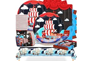 Huaxintoys Compleanno Pirata Stoviglie,61 Pezzi Stoviglie Pirata per Feste,Feste Decorazione per Tema Pirata,Kit Compleanno Pirata con Piatto,Tazza,Tovaglioli,Tovaglia per 20 Ospiti