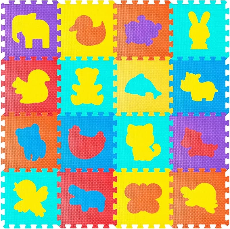 Alfombra Puzzle Bebé 120x120 cm, 16 Piezas de Espuma EVA | Tapete de Juego Educativo con Animales, Antideslizante e Impermeable | Segura, No Tóxica para Bebés Desde 10 Meses | para Guardería y Hogar