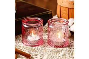 ENJINKAIL 6pcs Glass Tea light Candle Holders,Vintage Candle jar, Coloured Tealight Holders, votive candle holder for Indoor, Outdoor, Garden, Dinner, Church, Weddings, Home Décor, Gifts (Pink)