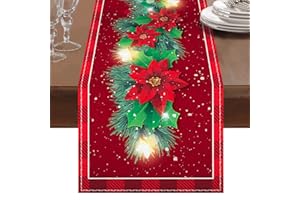FRIGG Runner Tavola Moderno Natalizio 183 x 33cm, Decorazioni Tavola Natale, Runner Tavola Natalizio Rosso Stampa con Stella di Natale, Foglia di Agrifoglio e Fiocchi Di Neve, per Decorazioni Tavola Natale
