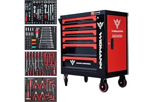 WIDMANN PROFESSIONELLE WERKZEUGE WIDMANN Tool Trolley Cabinet with 4 Inlays of Tools. Medium Steel Garage Workshop Rollcab Storage Chest, Carrier ToolBox on Wheels, Multi Drawers (TC6-4) (Red)
