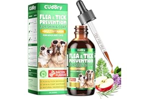 CUDORY Oral Flea & Tick Liquid Drops for Dogs and Cats, Natural Flea and Tick Defense with Multivitamin for Pets - Supports Skin & Coat - Herbal Drops All Breeds and Sizes - Bacon Flavor