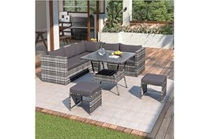 Jtyca Garden Furniture, 7 Seater Rattan Garden Patio Corner Sofa Set, Outdoor Furniture with High Glass Table Top Dining Table, 5 Piece Patio Furniture Set with Cushions (Grey)