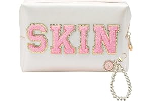 ATBUSS Kosmetyczka z 1 haftem literowym i 1 zawieszką z koralikami z kokardką, wodoszczelna kosmetyczka, torba do przechowywania kosmetyków o dużej pojemności, wielofunkcyjna kosmetyczka, biały, nonszalancki