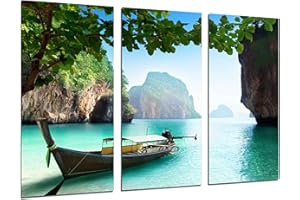 CUADROS CAMARA Tableau Moderne Photographique, Impression sur bois, Bateau de paysage sur la plage, paradis tropical, 97 x 62 cm, ref. 26370