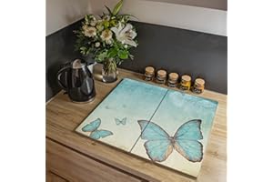 banjado® Herdabdeckplatte Glas 2-teilig 60x52 cm/Schneidebrett Herdabdeckung mit Motiv Blaue Schmetterlinge/Herdabdeckplatten Ceranfeld 2teilig / Schneidebrett Glas individuell einsetzbar