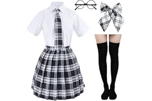 Elibelle Japanese Tartan Pleated School Uniform Cosplay Costumes with Socks Eyeglass Frame Set