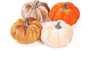 DuHouse 4PCS Velvet Pumpkins Set – Mini Artificial Fall Pumpkins for Halloween, Thanksgiving, Harvest Festival Table Decor(Orange&Gold& Brown&Beige)