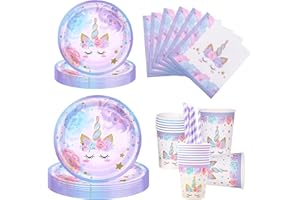 Aitsite Set di 100 stoviglie per feste con unicorno, piatti per feste di compleanno per 20 ospiti, stoviglie per compleanno unicorno, set di decorazioni per feste di compleanno per bambini (viola)