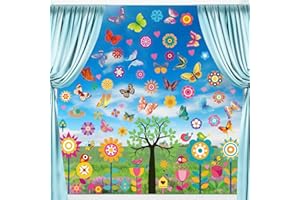 TOPJOWGA Pegatinas de Ventana de Primavera, 9 Piezas Grande Pegatinas Pared Decorativos Pegatinas de Anticolisión Calcomanías de Ventana Mariposa Pájaro Flores Árbol Decoración Fiesta