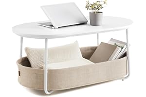 ‎VASAGLE VASAGLE Couchtisch oval, Tisch mit Stauraum, Beistelltisch, Wohnzimmertisch mit Korb aus Stoff, modern, Metallrahmen, mattweiß-Kamelbraun LCT222W10