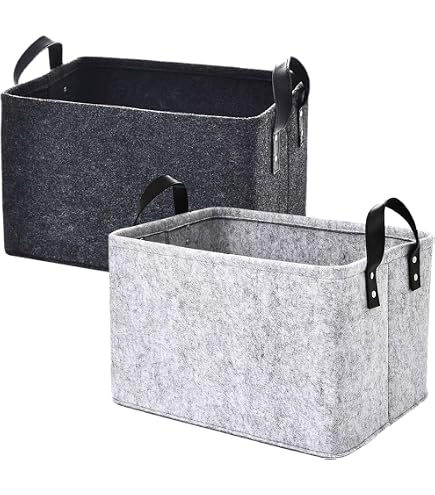 Set 3 Ceste Portaoggetti In Feltro Ispessito Con Manici In Legno - Organizer Per Armadi E Scaffali, Grigio-Nero - 6