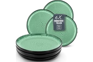 6x Frühstücksteller, Dessertteller TEST SEHR GUT Steingut Ibiza - Stylishe Kuchenteller spülmaschinen- und mikrowellenfest - Pure Living Geschirr Kleine Teller, Salatteller schwarz mit Salbeigrün