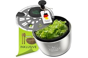 KüchenEngel Salatschleuder Edelstahl Salat waschen & trocknen 5L Volumen [inklusive Salatschüssel & Salatbesteck aus Bambus ] Schleuder mit Deckel
