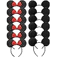 CHuangQi Mouse Ears Headband for Boys and Girls Birthday Party or Celebrations, Solid Black and Red Bow, Pack of 12