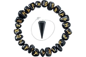 Crocon Set di Pietre runiche incise con Pietre preziose in tormalina Nera (25 Pezzi) con alfabeti Elder Futhark e 1 Set di guarigione per Meditazione con Pendolo Dimensioni: 15-20 mm