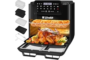 LLIVEKIT Freidora de Aire con 2 Cestas, Horno Freidora sin Aceite 15 L, con 12 Funciones y 8 Accesoriosr, 2600W, 90% Menos de Aceite, SYNC FINISH & DUAL COOK, Deshitrata