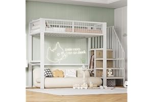 Moimhear Hochbett 90x200cm Eisenbett mit Leiter, Kinderbett mit Eisenrahmen und Aufbewahrungsregal, Kleiderschrank (Weiß)