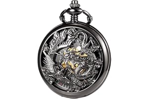 TREEWETO Unisex Retro Taschenuhr Herren mit Kette analog Handaufzug Drache Phönix Skelett Römische Schwarz/Bronze