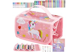 KINSPORY Regalos de unicornio para niñas, Maletín de pinturas para niños con bolígrafos de purpurina perfumados, lápices de colores giratorios y rotuladores divertidos con sello