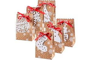 WDJLNZB 24 Piezas Bolsa de Regalo Navidad, Cajas de Dulces de Navidad, Bolsa de Dulces de Navidad, Cajas de Regalo Navidad, Bolsas de Papel de Navidad con 24 Etiqueta de Navidad + Cinta