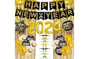 OBOVO New Years Eve Decorations 2024, Black and Gold Party Decorations, 25Pcs Happy New Year Banner Set with 2024 Foil Balloons, Eve Photo Booth Props for New Years Eve Party Supplies Christmas Decorations