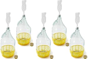 WYSKONT Bouteille bonbonne à col étroit avec bouchon à vis, panier de protection, sas et bouchon pour la fabrication du vin, la fermentation, le stockage des boissons, verre transparent, 5 x 5 L