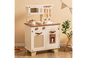 ROBUD Cuisine Enfant en Bois avec Accessoires, Cuisine en Bois Enfant avec Ustensile De Jeu Jouets pour Filles Garçon, Cadeaux De Cuisine pour Enfants
