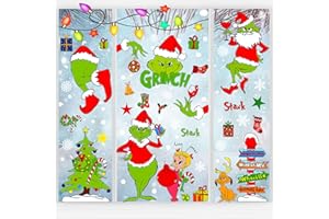 YUNLI 9 Blatt Fensterbilder Weihnachten Selbstklebend, Grinch Schneeflocken Aufkleber, Doppelseitiger Cartoon Aufkleber, Grinch Fensteraufkleber, Weihnachtsaufkleber für Zuhause Schule Party Fensterdeko