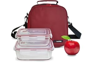 IRIS BARCELONA Bolsa Termica Porta Alimentos 3,8l - Lunch Bag con 2 Tapers de Cristal de 0.57l y 0.84l, Bolsa Isotermica de Cremallera Doble, Loncheras de Trabajo impermeable para Oficina, Universidad, Picnic, Roja