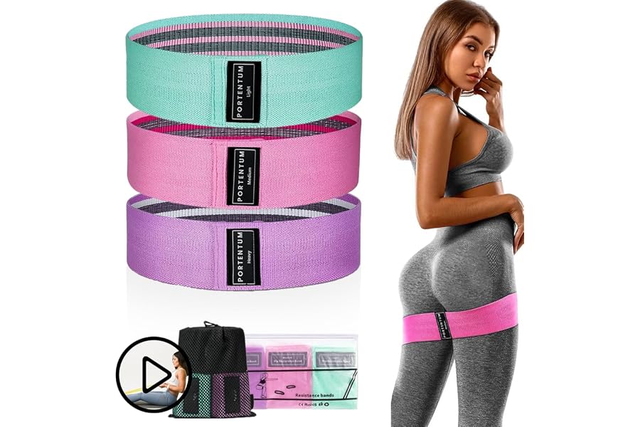 PORTENTUM Cintas elasticas musculacion, Set de 3 Bandas elásticas Fitness Antideslizantes de Tela. 3 Niveles de Resistencia p
