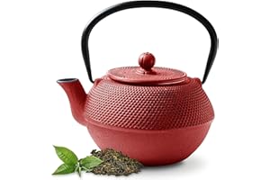 Tealøv Arare THEIERE EN FONTE 1,1 LITRE | Théière en Fonte avec Infuseur | Entièrement émaillée de l'intérieur | Prépare Une Tasse de Thé Parfaite | Design Japonais à Picots | Arare Rouge Japonais