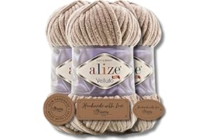 ‎HOBBY YARN Hobby YARN 3x Etikettenlabel mit Alize Velluto Wolle Premium 3x100g als Set, Chenille Dicke Wolle zum Häkeln Uni Farbe Bulky Amigurumi Baby Kuschelwolle Filzwolle (Beige - 530)