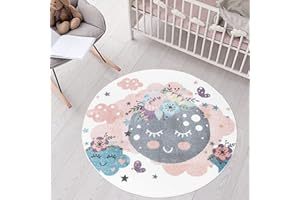 carpet city Tapis pour chambre d'enfant Motif lune - Crème - Multicolore - 160 cm - Rond - Pour enfant à poils courts avec nuages, fleurs, étoiles - Poils doux