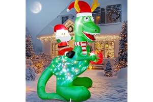 Vintoney 8 pies / 244 cm Papa Noel Hinchable y Dinosaurio Inflable con LED Giratorias – Decoración Navidad Exterior e Interior, Adornos de Navidad Grandes para Patio y Hogar