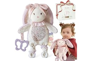 Moonkie Baby Comforter, Bunny Security Blanket with Silicone Teether, Newborn Girl Gifts for Baby Shower & Birthday, Cuddly Toy with Textured Ribbons, Crinkle Ears, Soft Minky Velour & Natural Cotton