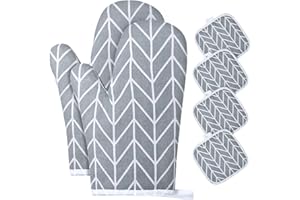 AUAUY 1 Par Manoplas Horno, Algodón Antideslizante Cotton Guantes Cocina, Oven Gloves Resistente al Calor para Hornear Cocinar Barbacoa Microondas con 4 Manteles Aislados(Gris)